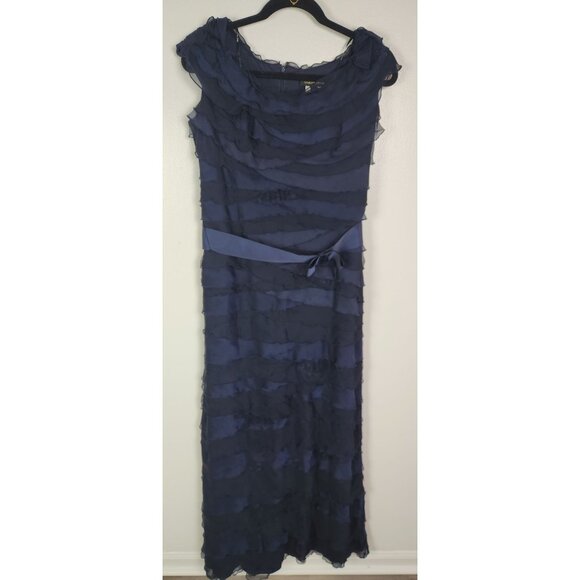 Tadashi Shoji Women's Sz.10 Navy Ruffle Silk Tiered Maxi Belted Cocktail Dress - Picture 1 of 9